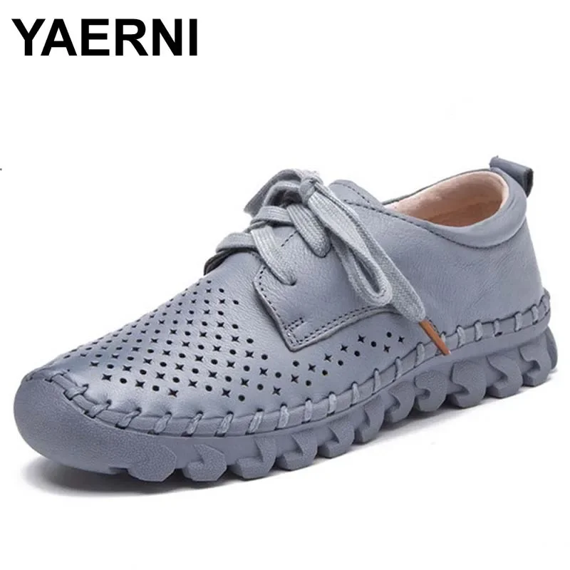 

YAERNI brand soft women flats genuine leather lady loafer lace up moccassin women shoes summer autumn fall breathable WHITE