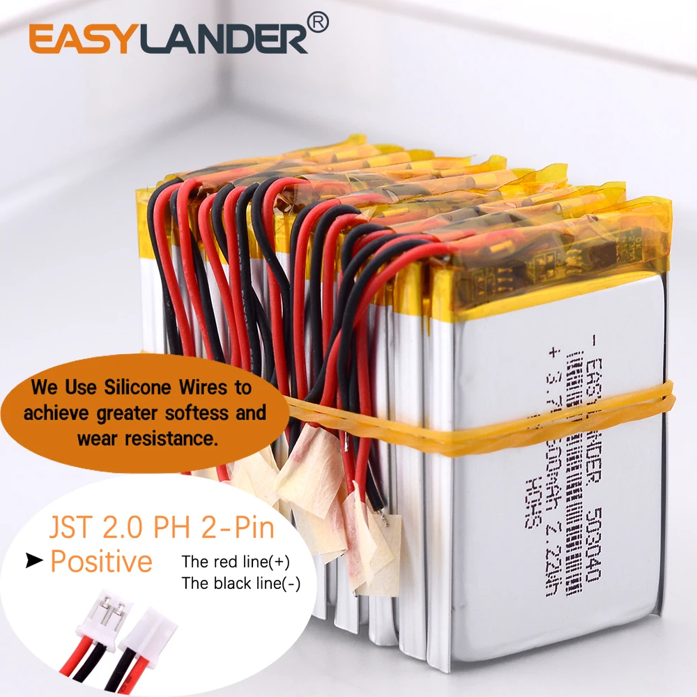 1/5Pcs Silicone Wires 503040 3.7V 600mAh Lipo Lithium Polymer Rechargeable battery JST 2.0mm 2Pin