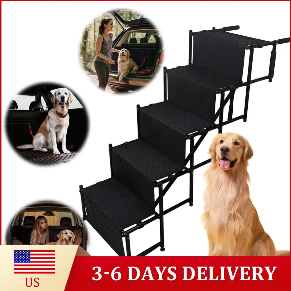 

5-ступенчатая складная лестница для домашних животных, выдерживающая до 150 фунтов, легкая и портативная, для высоких кроватей, грузовиков, автомобилей и внедорожников