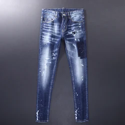 Jeans da uomo High Street Fashion Retro Blue Stretch Skinny Fit Jeans strappati dipinti da uomo pantaloni in Denim di marca Vintage firmati Hombre