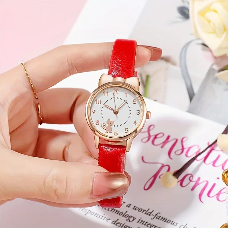 Кварцевые часы с круглым указателем и рисунком кота, милые светящиеся аналоговые наручные часы из искусственной кожи для женщин, девочек, студентов