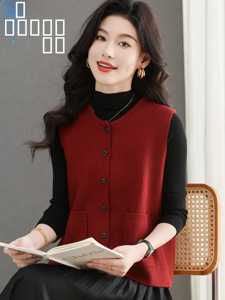 

Hengyuanxiang Woolen Knitted Open Cardigan Vest Women's Spring Autumn round Ne ket Loose Svel Top Layered