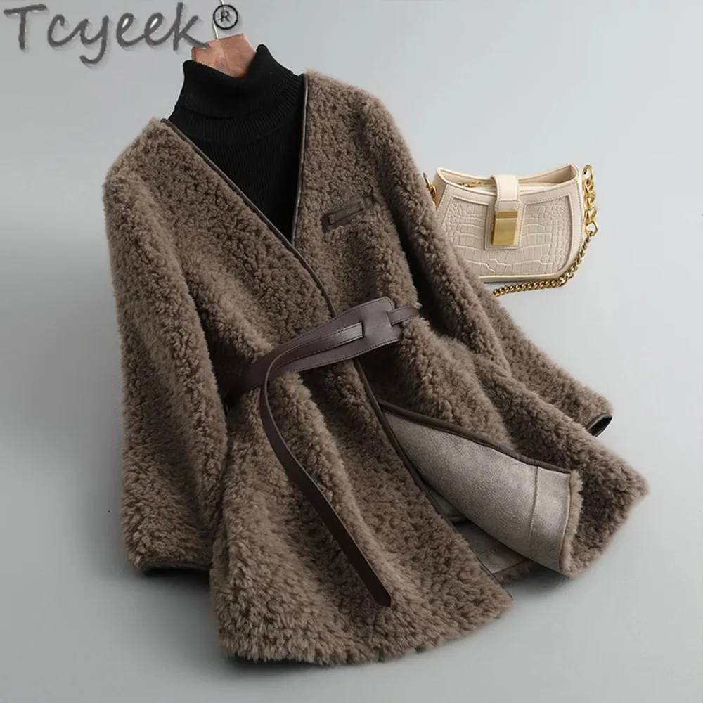 معطف طويل للنساء من Tyeek-Lambswool ، خروف Shearling ، فرو دافئ في واحد ، ملابس نسائية ، شتاء