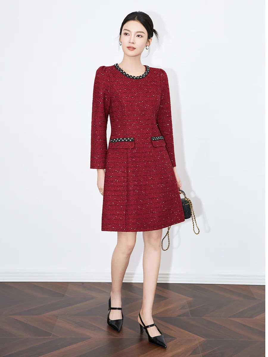 ZJYT Designer Fashion Women Beading Tweed Woolen Dresses Autumn 2024 Elegant Long Sleeve Vintage Party Short Dress Vestidos Red