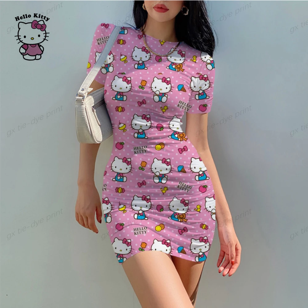 

2024 Women's Dress Hello Kitty Print Fashion Short Sleeve Mini Short Dress Summer Sexy Nightclub Style Fashion Casual Dress