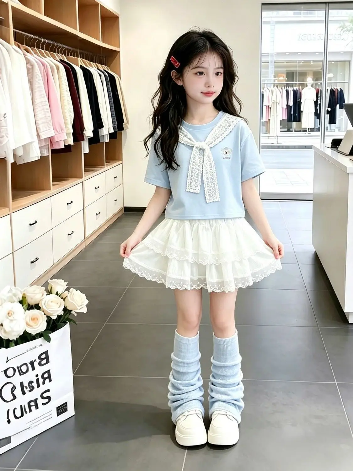 Girls Summer High Waist Lace Bowknot Short Sleeve Cake Skirt Casual Sporty Two Piece Set Elastic Waist Short Length Regular L...