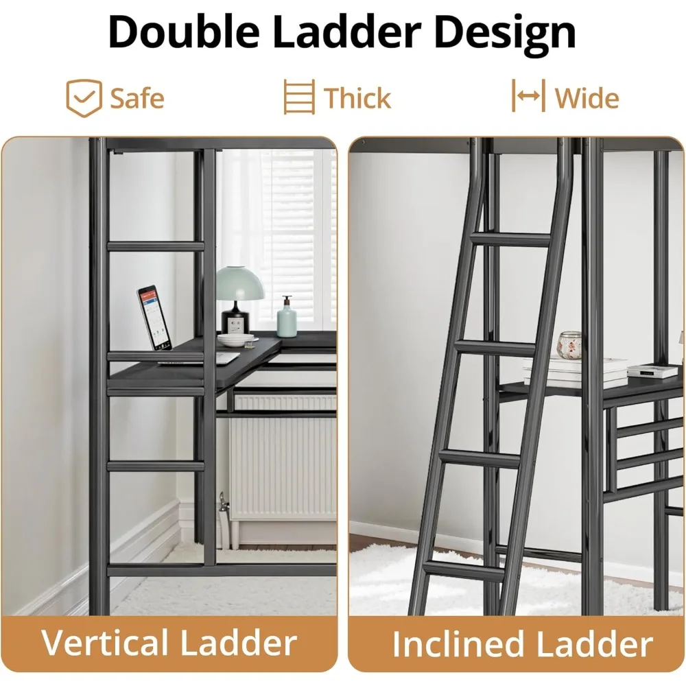 سرير علوي مزدوج الحجم على شكل حرف L مع مكتبين مدمجين، وسرير زاوية علوي معدني مع سلمين وسكة حماية أمان، بطابقين شديد التحمل #4