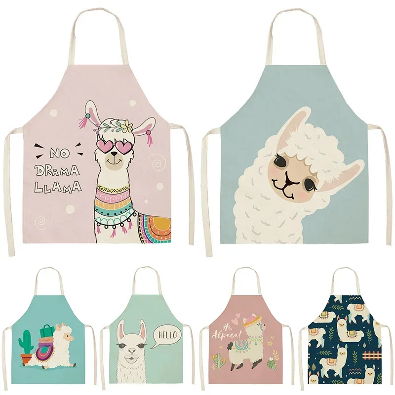 Alpaca Llama Cactus Printed Cotton Linen Sleeveless Aprons Kitchen Women Pinafore Home Cooking Baking Waist Bib Tablier Delantal