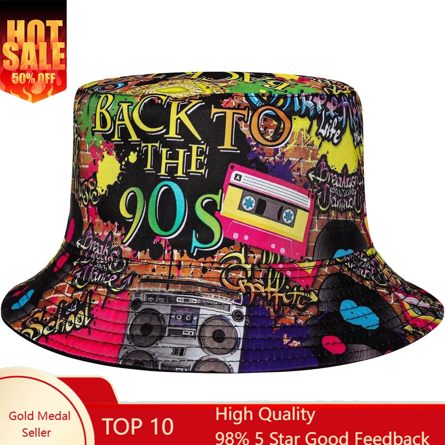 

Fumwase Fashion 90s Bucket Hat for Men Women Retro Summer Beach Fishing Hat Rave Party Accessories Party Supplies Multi