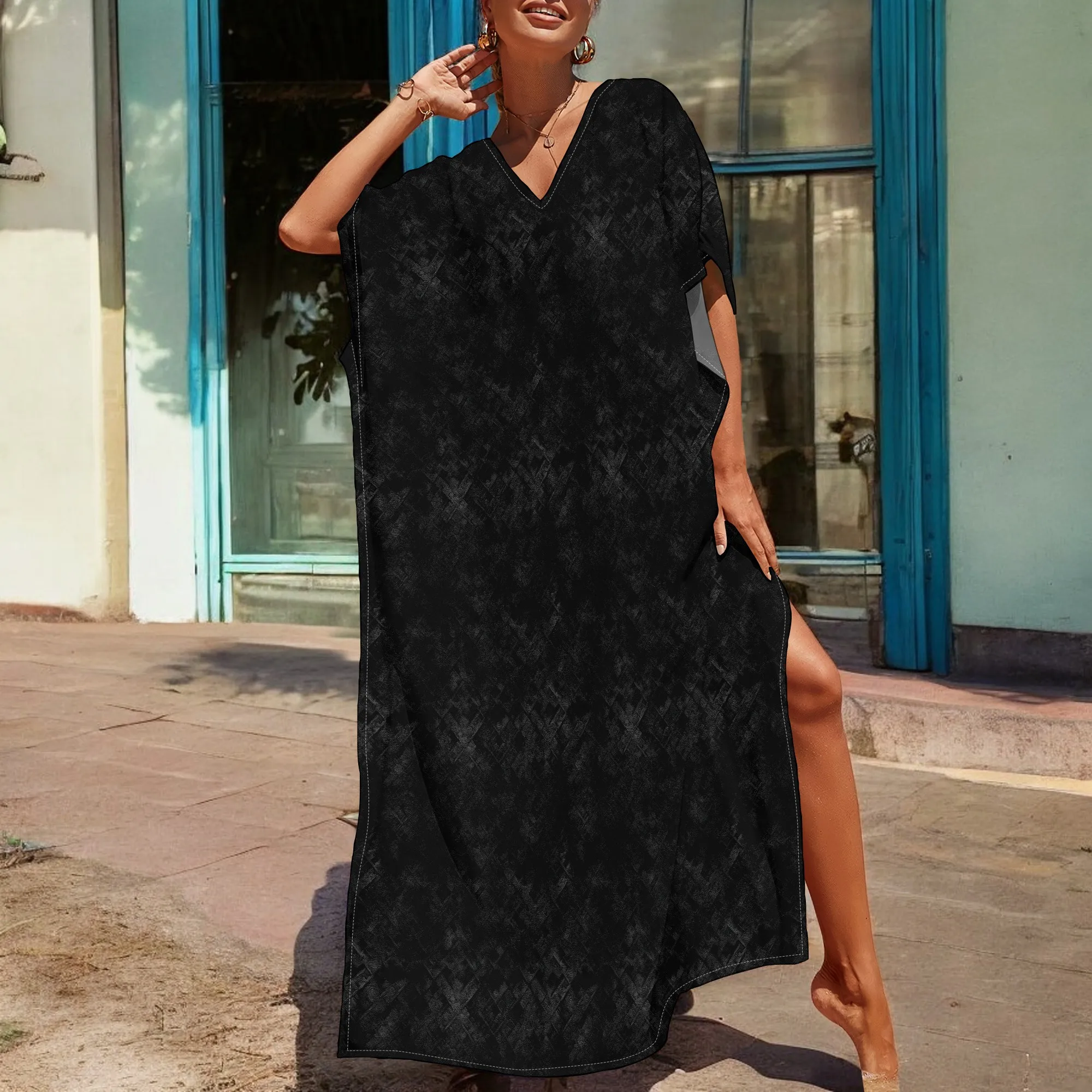 

Afrocentric Plus Size Dress Black Tie-Dye Print V-Neck Loose Fit 3XL Casual or Evening Wear