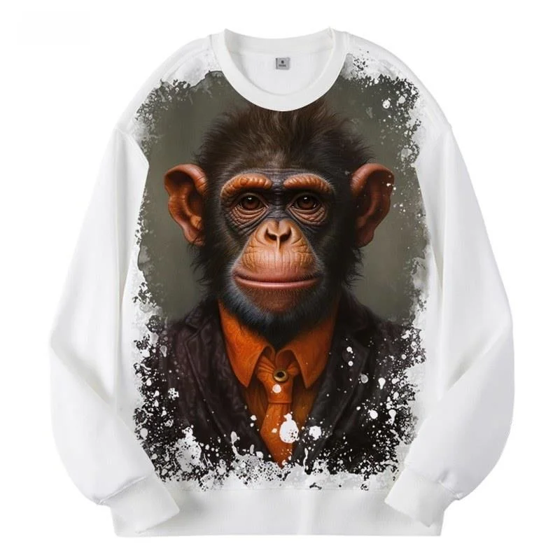

Fashionable Fleece Lined round Neck Sweatshirt with Chimpanzee And Monkey Pattern Digital Print Unisex Warmth And Durability