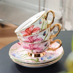 180ML/200ML British Afternoon Tea Cup and Saucer with Spoon Elegant Lily Flower High-end porcelain Coffee Mug Tea Cup Drinkware