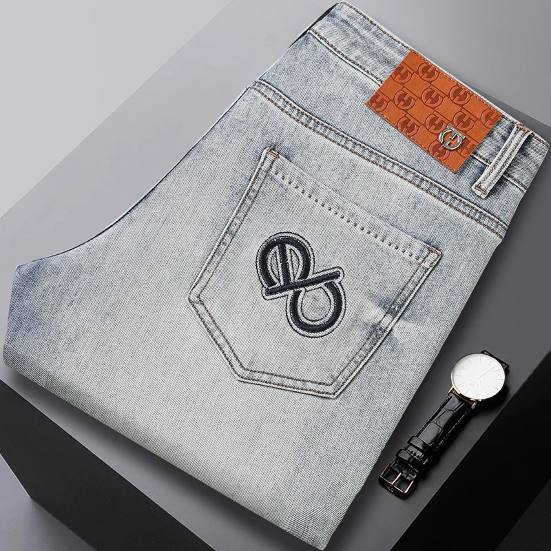 2024 Summer New Light Blue Jeans for Men's Luxury Trend Embroidery Slim Fit Small Straight Leg Versatile High end Pants