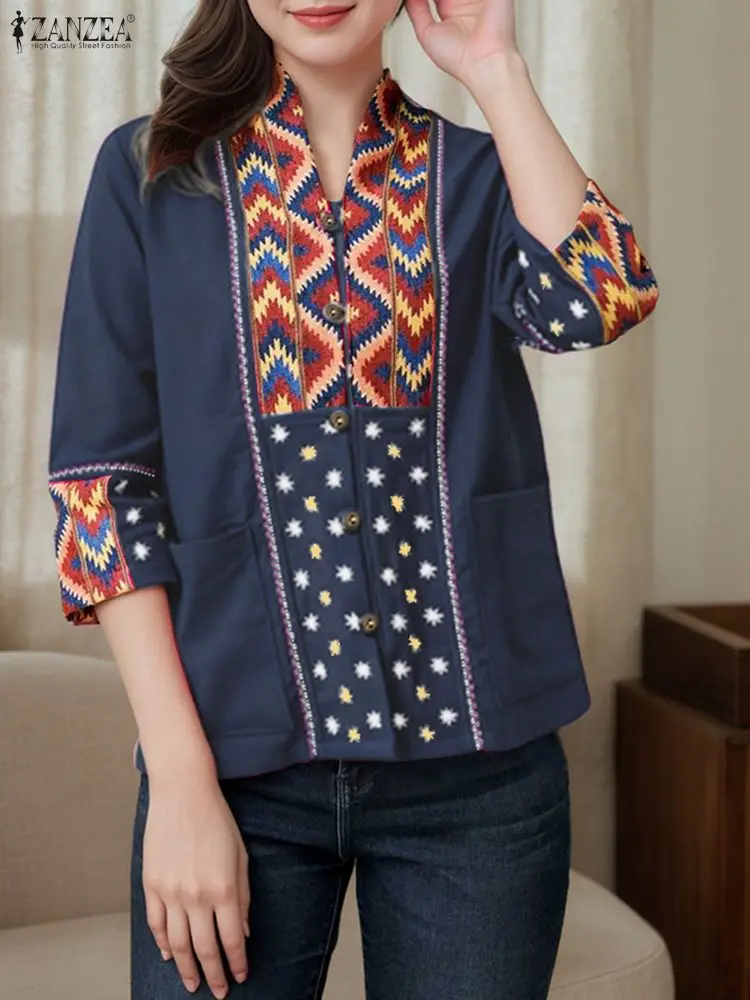 Vintage Patchwork Shirts Vrouwen Tops ZANZEA 2025 Herfst 3/4 Mouw Grote Zakken Mode Tuniek Casual Losse V-hals Tops Blusas
