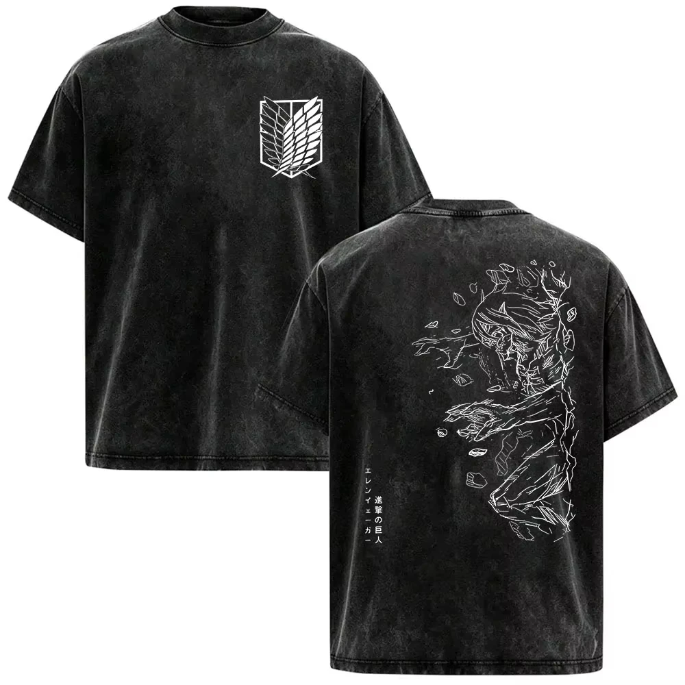 Hot Selling Attack on Titan Manga Graphic Print T-shirt Women Men Vintage Washed Cotton Loose Casual Oversize Top Summer New Tee