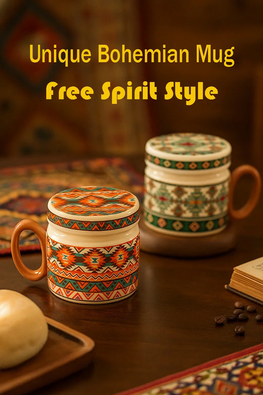 

Bohemian Ceramic Coffee Mug with Lid, 380ml Ethnic Style Tea Cup, Drinkware, Microwave & Dishwasher Safe for Home