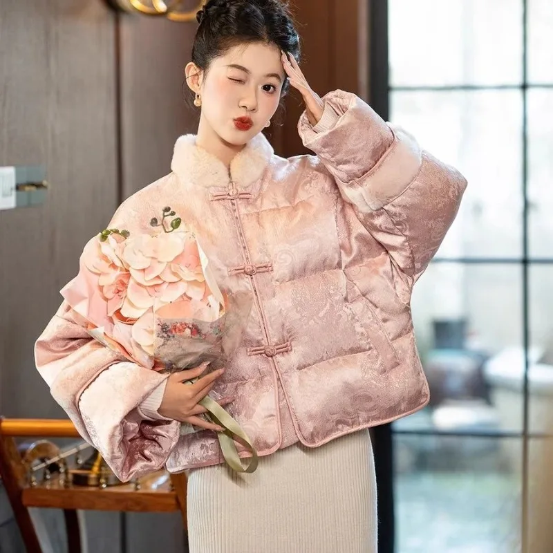 

Новый зимний жаккардовый пуховик из норки в китайском стиле, модный женский пуховик на пуговицах в китайском стиле на белом утином пуху