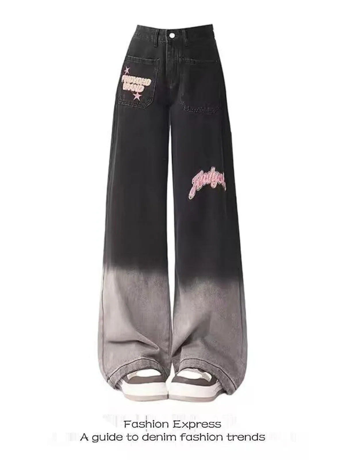 

American Retro Gradient Embroidery Jeans Women's High Waist Loose Wide Leg Pants Spring Autumn plus Size Design Sensation