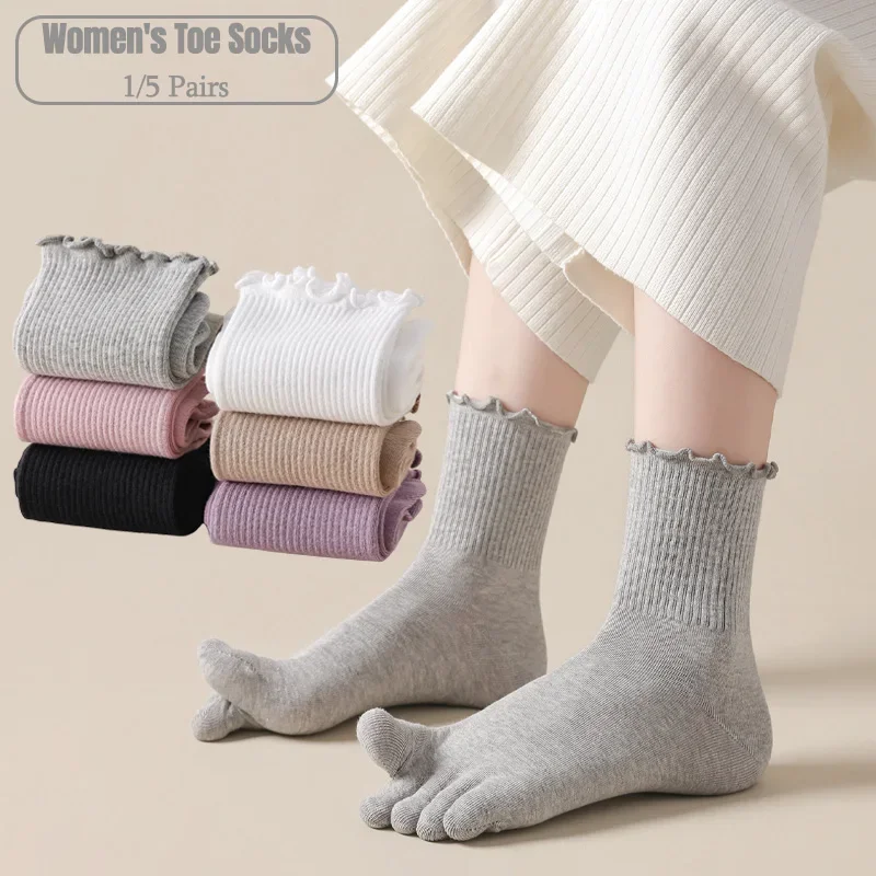 1/5 Pairs Women Five Toe Crew Socks Ruffle Frilly Cuff Soft Ribbed Cotton Split Toe Yoga Socks Breathable Casual Home Socks
