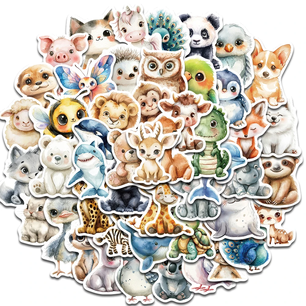 100Pcs Watercolor Cute Animal Stickers Waterproof Vinyl Decals Panda Fox Bear Koala Decor For Laptop Water Bottle Luggage Book