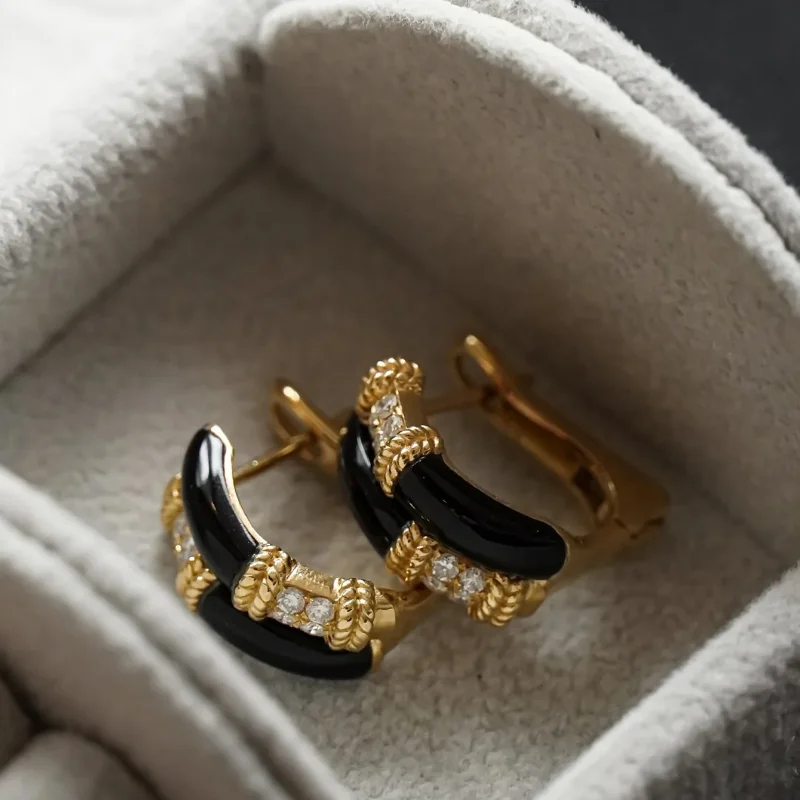 S925 Sterling Silver Gold-Plated Clip-On Earrings, Retro Dark Night Black Gold Charm with Enamel and Black Zircon, Women's Jewel