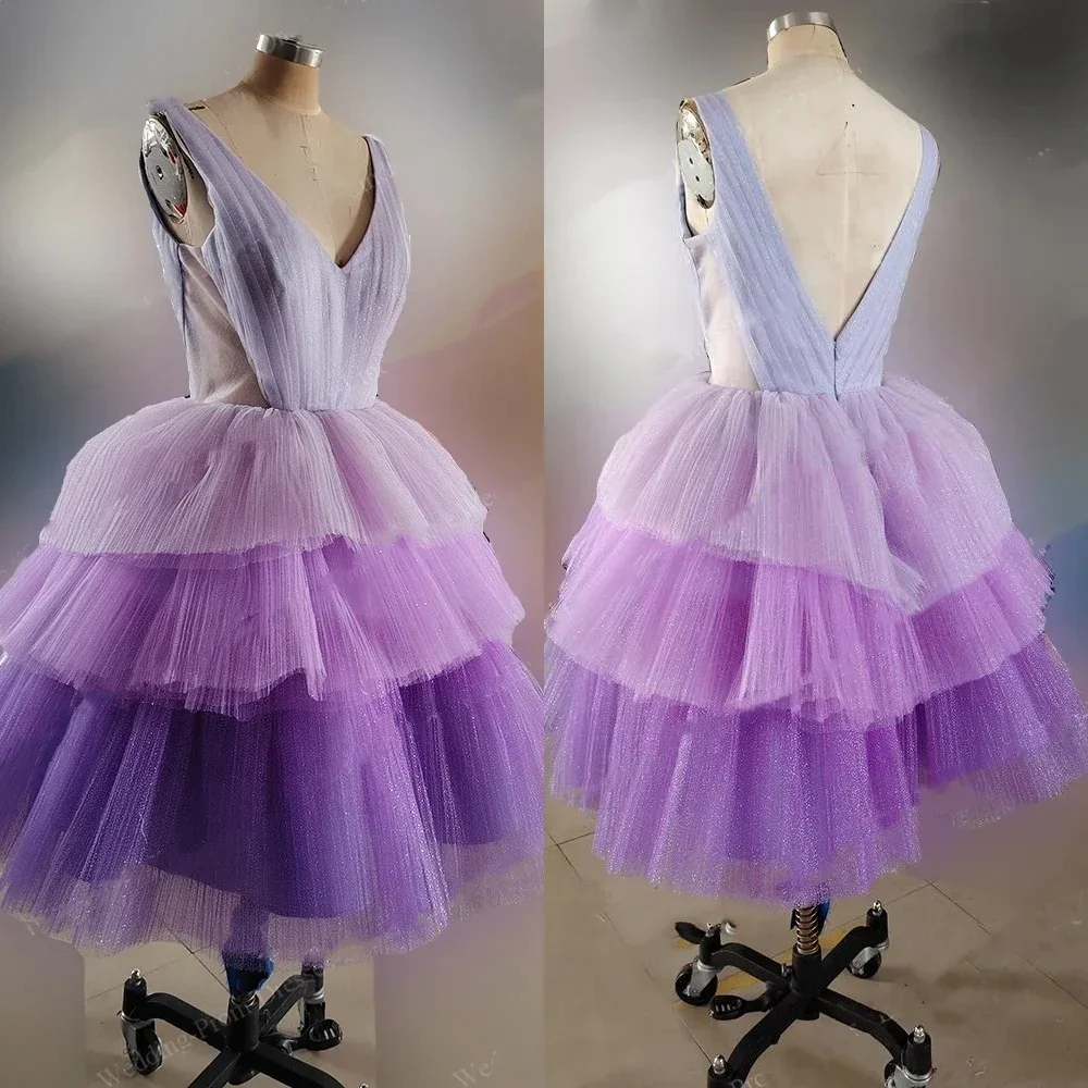 

Customized Elegant V-Neck Sleeveless Knee-Length Party Birthday Special Events Dress Purple Tiered Homecoming Dresses for Girls