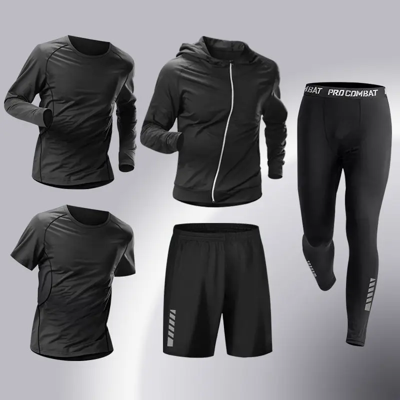 Men Five Piece Sports Set Hoodie Jacket Tops Pants Shorts For Running Basketball Cycling Fitness Training view 3