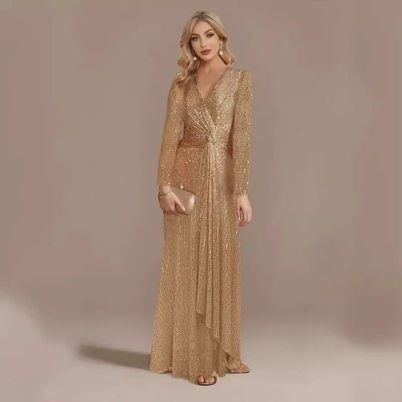 

Large Size Women Lady V-neck Fishtail Banquet Evening Dress Elegant Long Sleeves Casual Sequin Maxi Evening Party Women Dresses