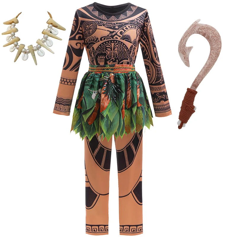 Hot Moive Moana 2 Boy Character Anime Maui Tattoo Costume Jumpsuits Halloween Boys Role Playing With Fish Hook Knife Outfit Sets