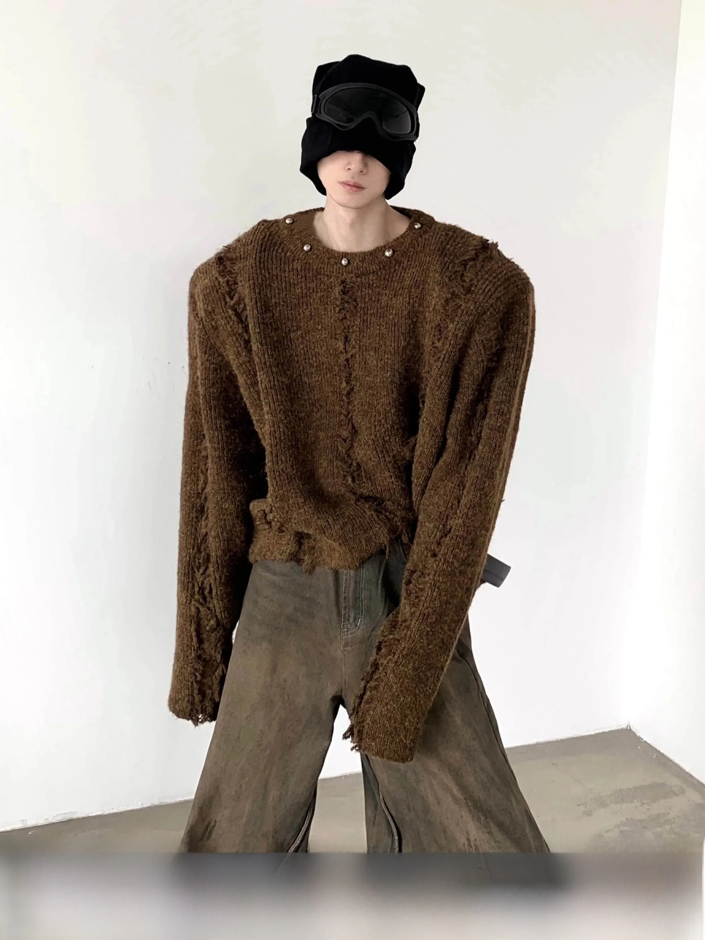 Retro American Knitwear Men's Lazy Wide Shape Tassel Sweater Jacket Casual Loose Fit Winter Season Long Sleeve round Neck