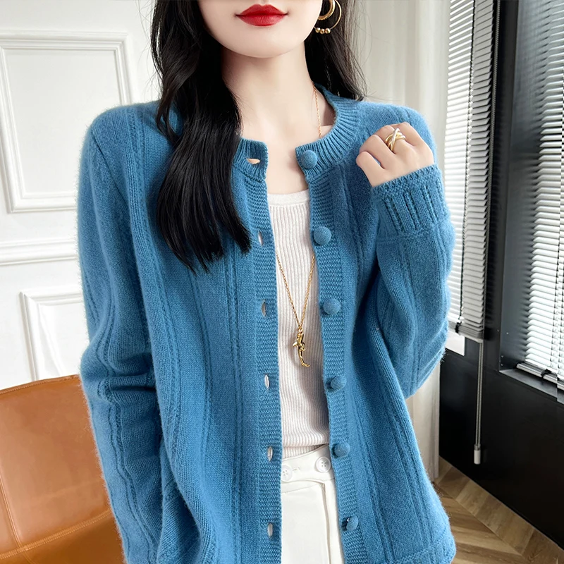 Spring Autumn New Women\'s Clothing 100% Pure Wool Round Neck Knitted Cardigan Fashion Loose Tops Korean Coat Shirt Long Sleeve