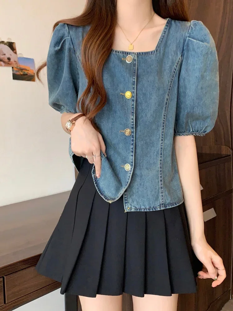 Fashion Puff Short Sleeve Denim Shirts Women Summer New Square Collar Cardigans Tops Plus Sized Ladies Single Breasted Shirts