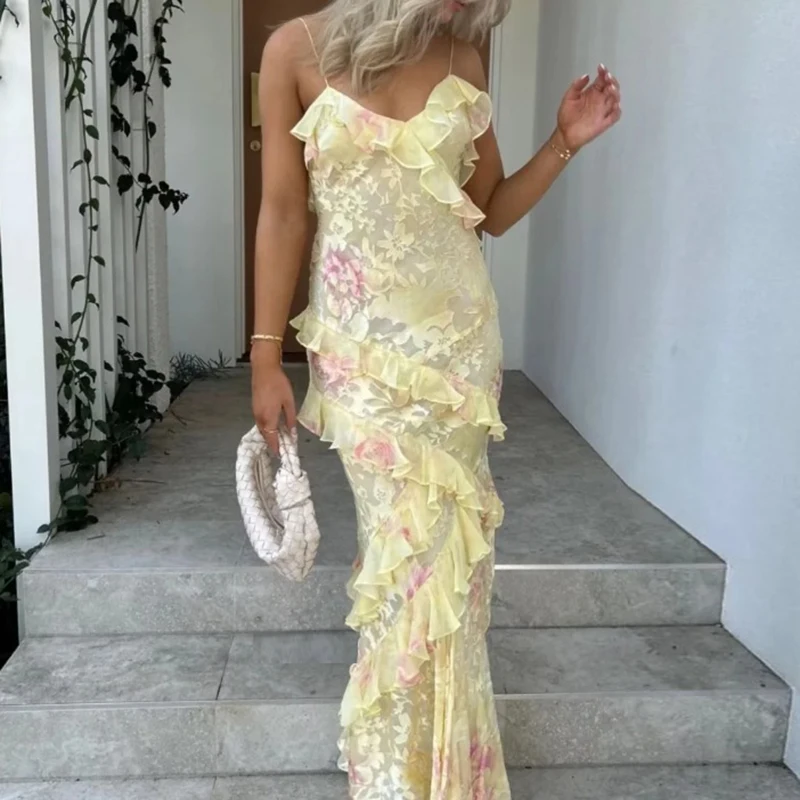 New Sexy V Neck Colorful Ruffle Sling Dress Women Spring Backless Boho Long Dress Summer Sleeveless Beach Holiday Dress Vestidos