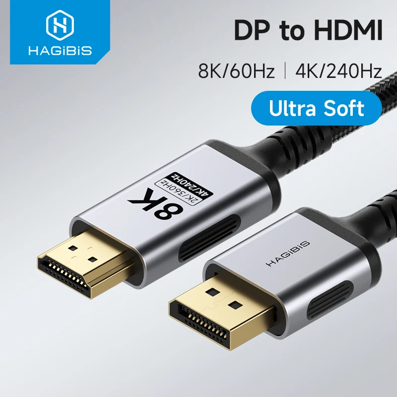 Кабель Hagibis DisplayPort-HDMI, односторонний, 8K DP, для подключения компьютера к HDMI-дисплею, 4K, для ноутбуков, мониторов, HDTV, настольных ПК
