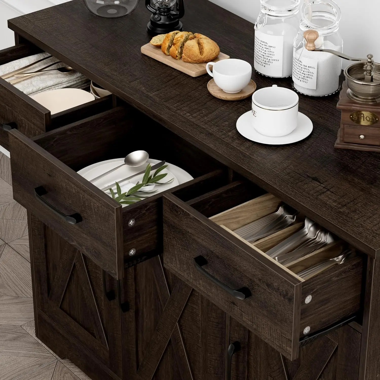 Armoire de Rangement à Portes de Grange avec Étagères, Buffet de Planche de Ferme Moderne, Armoire de Bar à Café en Bois