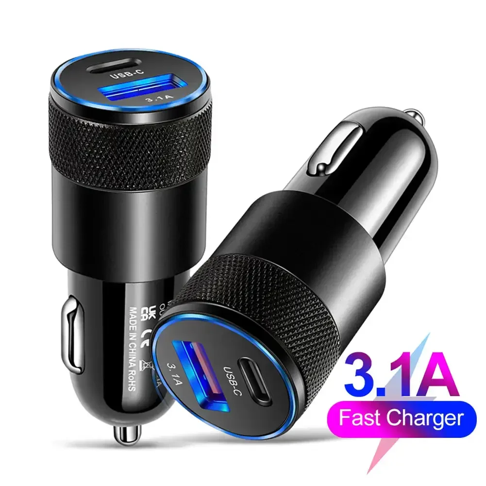 Type C USB 2 Port Car Charger Phone Charger 3.1A Fast Charging 12V 15W Cigarette Lighter Adapter Power Outlet for iPhone Samsung