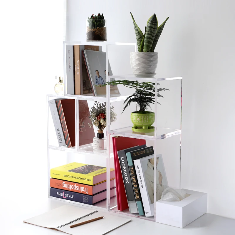 Clear Desktop File Organizer Holder Multifunctional Document Letter Tray Modern Stackable Book Shelf for Office Grid Storage Box