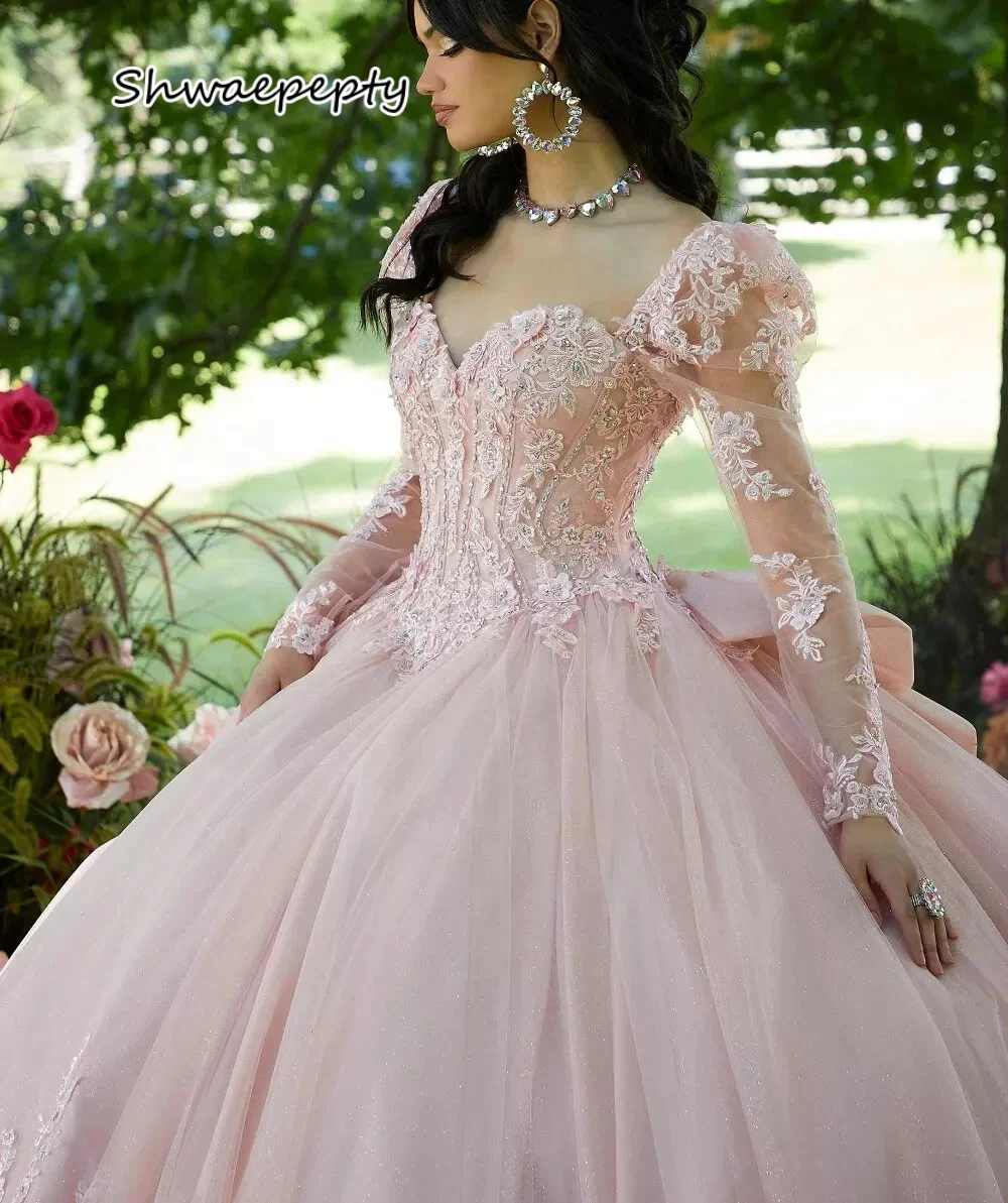 แขนยาวเจ้าหญิง Quinceanera ชุดลูกไม้ Appliques ที่กําหนดเองหวาน 16 ชุดพรหมปาร์ตี้วันเกิดชุด