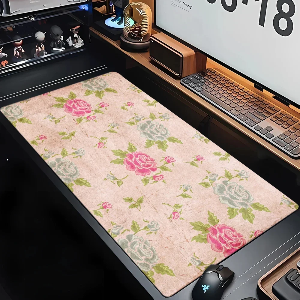 Retro Floral Mouse Pad Large Computer Office Game Table Mats XXL 90x40 Rubber Anti-slip Gaming Keyboard Mat Women Long Desk Pads