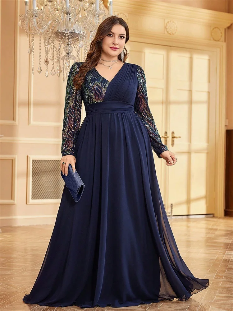 

Boutique new plus size fat MM elegant dress long sleeved V-neck slim fit bridesmaid banquet toast evening dress for women