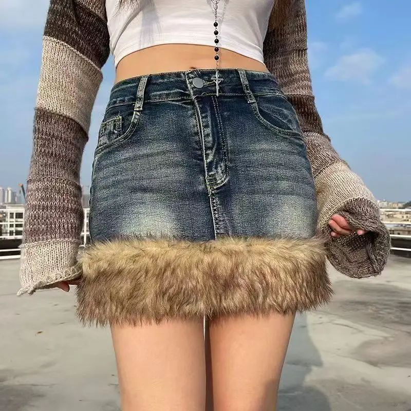 Instagram-Inspired Vintage Denim Mini Skirt with Faux Fur Hem, Washed Effect, Unique Streetwear Fashion, Hot Girls