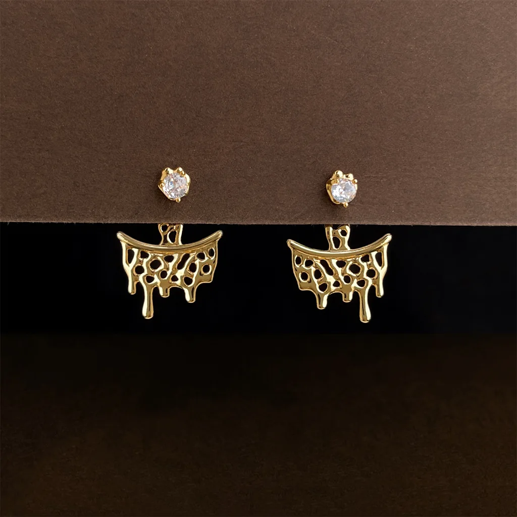 14K Gold Plated Fluid Melting Metal Hollow Lava Shape Single Zircon Dangle Earrings Irregular Trendy Earrings For Women