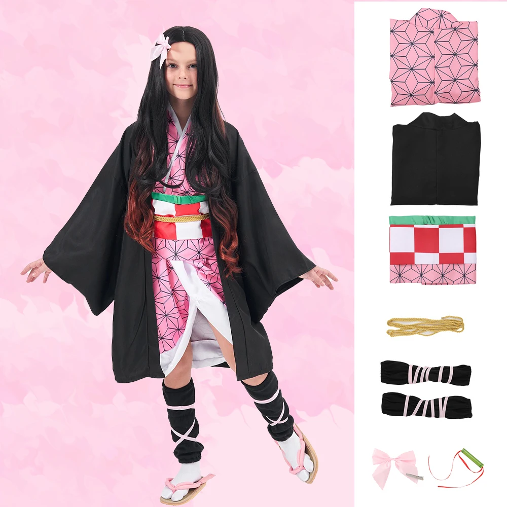 مجموعة كاملة من Nezuko Kamado التأثيرية على الطراز الياباني كيمونو وردي كيمونو مع كمامة من الخيزران لأداء مرحلة اتفاقية الرسوم المتحركة