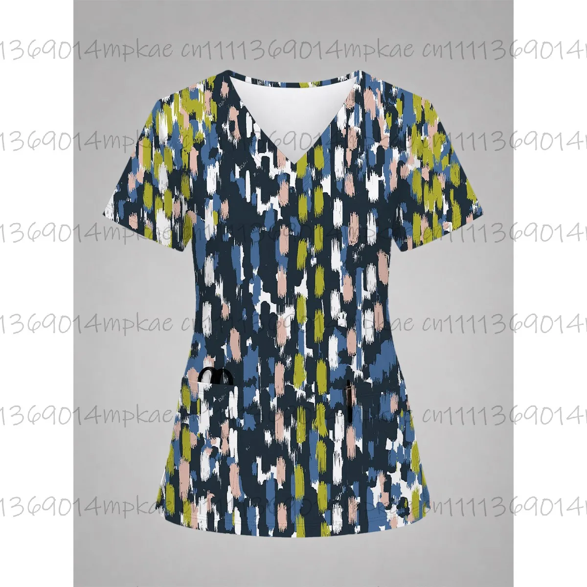 Abstract and Textured Print Women's V-Neck Pocket Short-Sleeve Matte Top, Women's Commuter Wear, Nursing T-Shirt