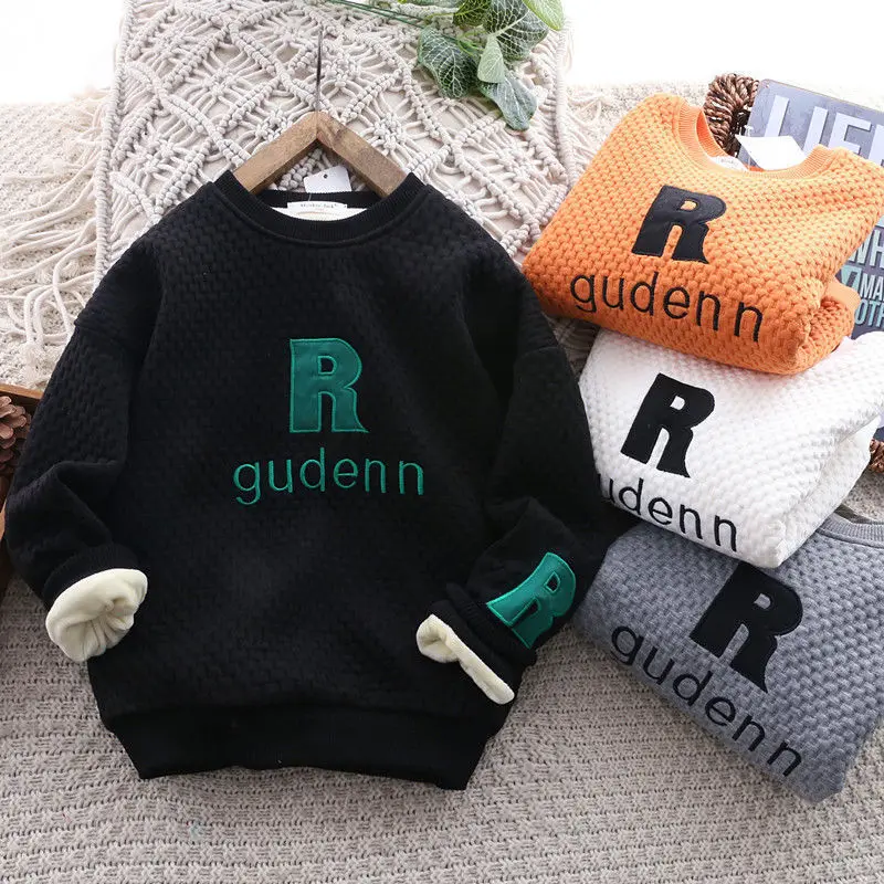 Boys Hoodies Sweatshirts Cotton Tops 2023 Scoop Warm Thicken Plus Velvet Winter Autumn Toddler Pullover Baby's Kids Children's C