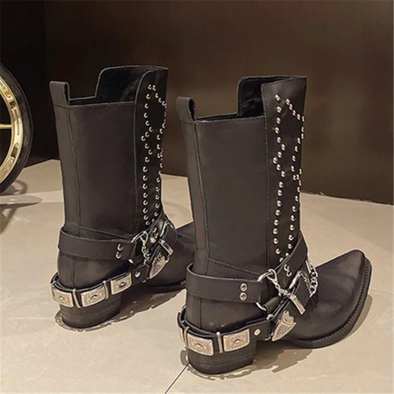 Pointed Toe Rivet Western Cowboy Boots Women Punk Style Large Size Belt Buckle Motocycle Boots Spice Girl Metal Ankle Botas New