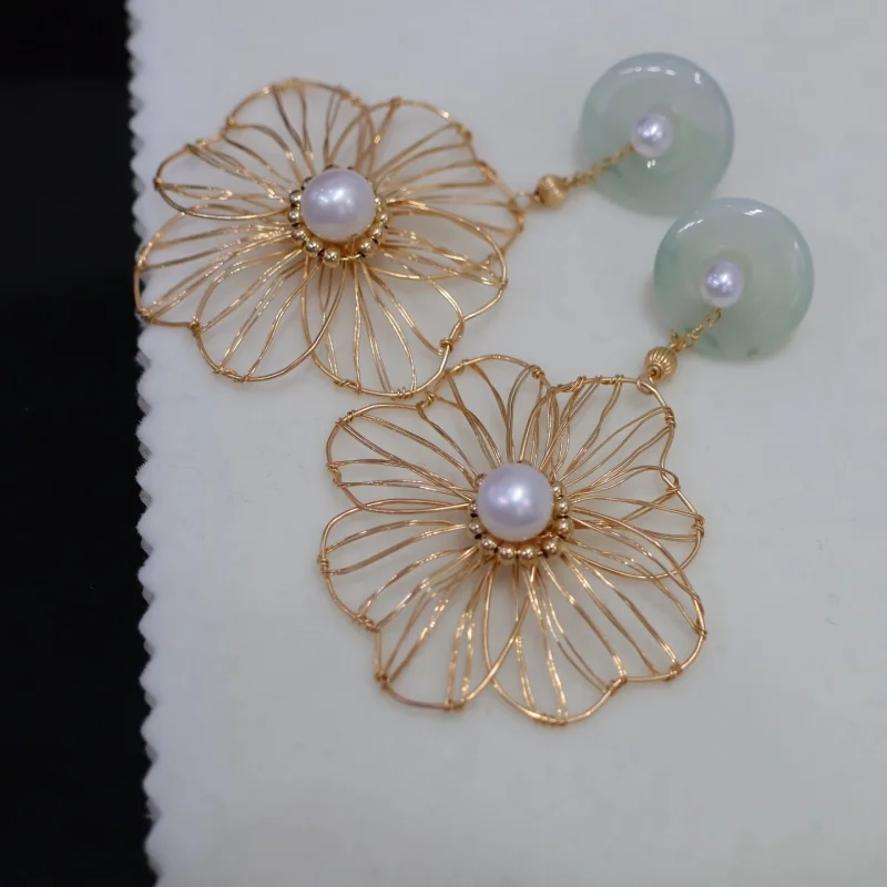 

SGARIT Jewelry Jade Earrings Natural Green Gemstone with Freshwater Pearl Dangle Earrings for Women 14k Filled Gold Accessories