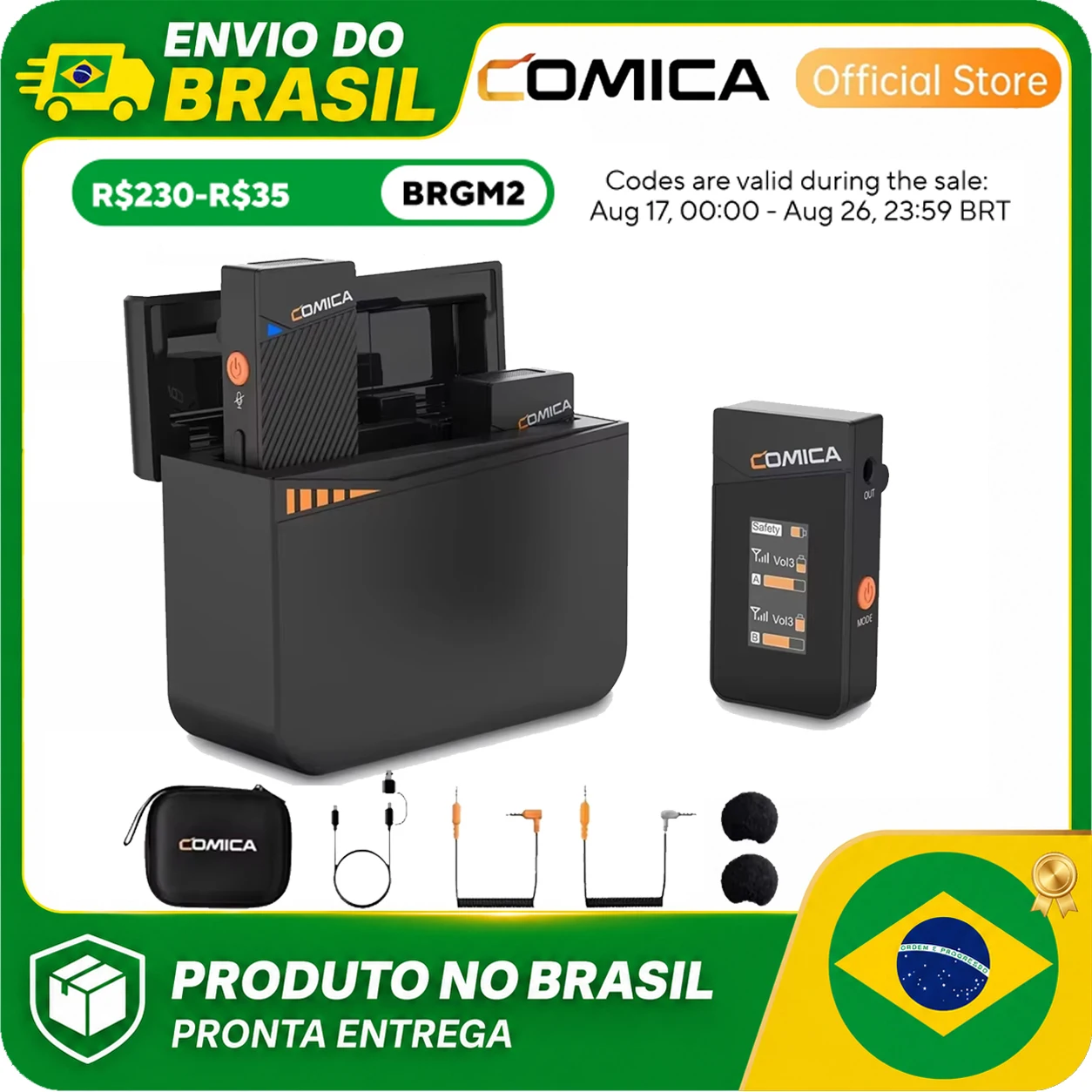 Microfone de lapela sem fio COMICA Vimo C para câmeras, compacto, com cancelamento de ruído e controle de ganho para smartphones. Disponível em estoque no Brasil. Envio rápido.