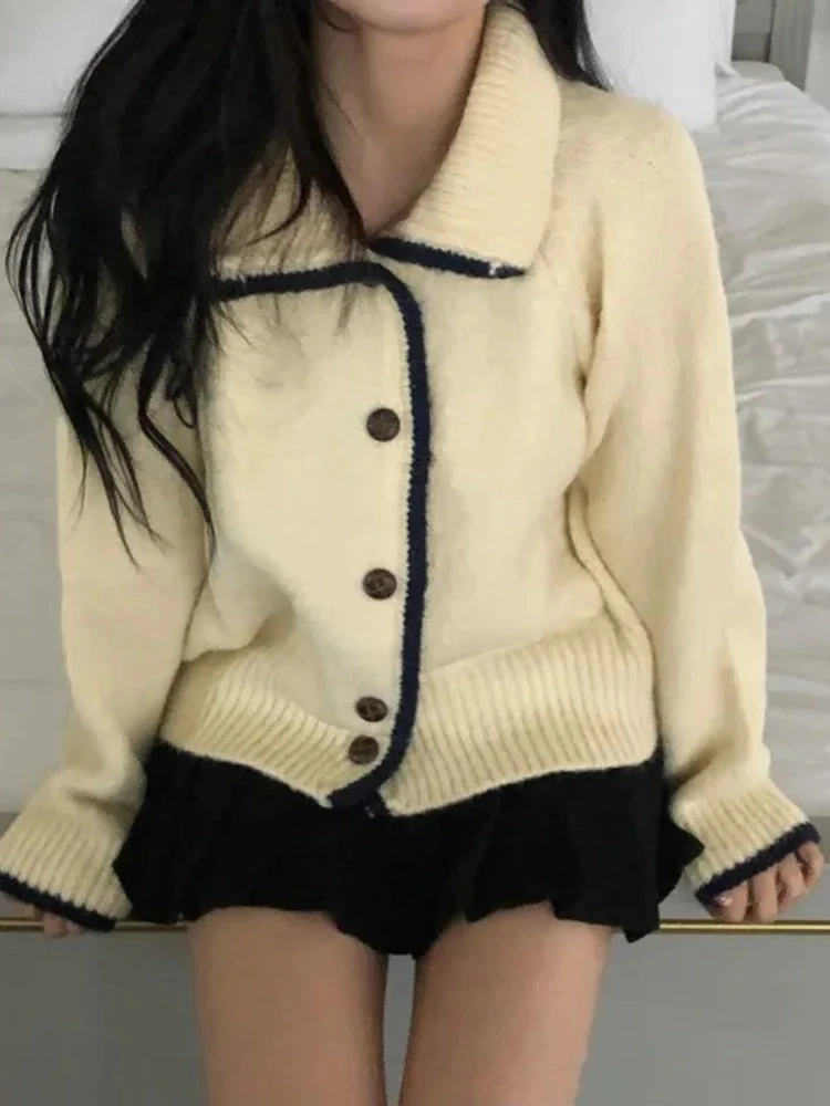 

Korobov Корейский Ins Осенний французский винтажный однобортный вязаный кардиган с отложным воротником и длинными рукавами