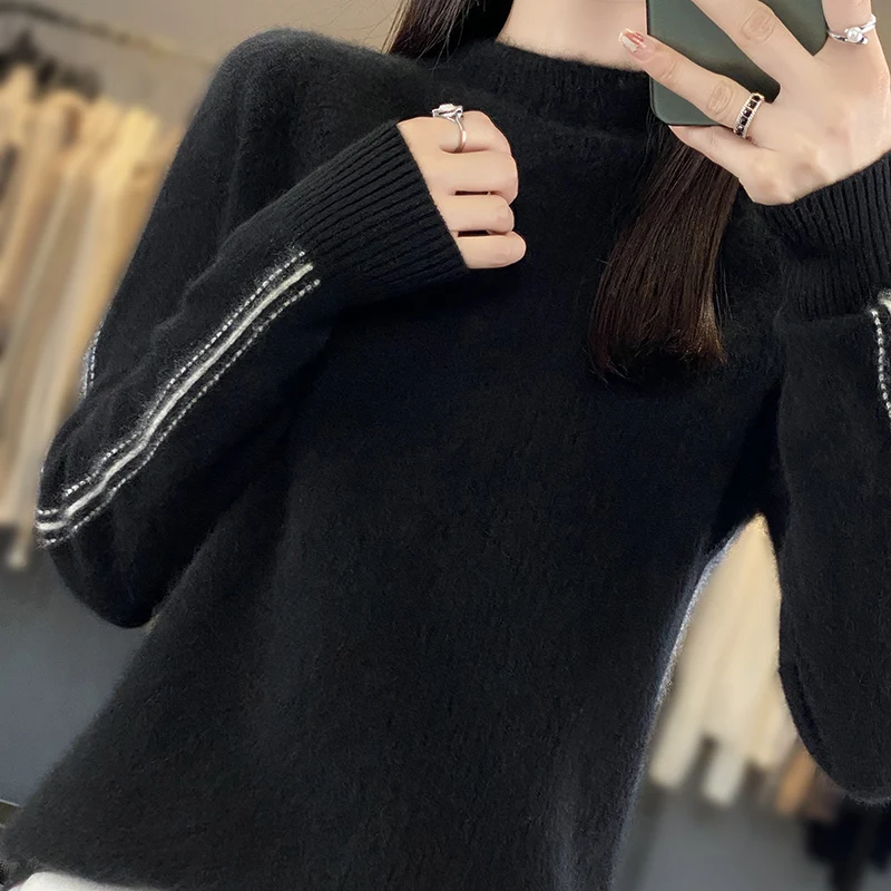 Autumn Winter Fashion 100% Merino Wool Sweater Mock-Neck Solid Color Pullover Cashmere Classic Long Sleeves Clothing Top